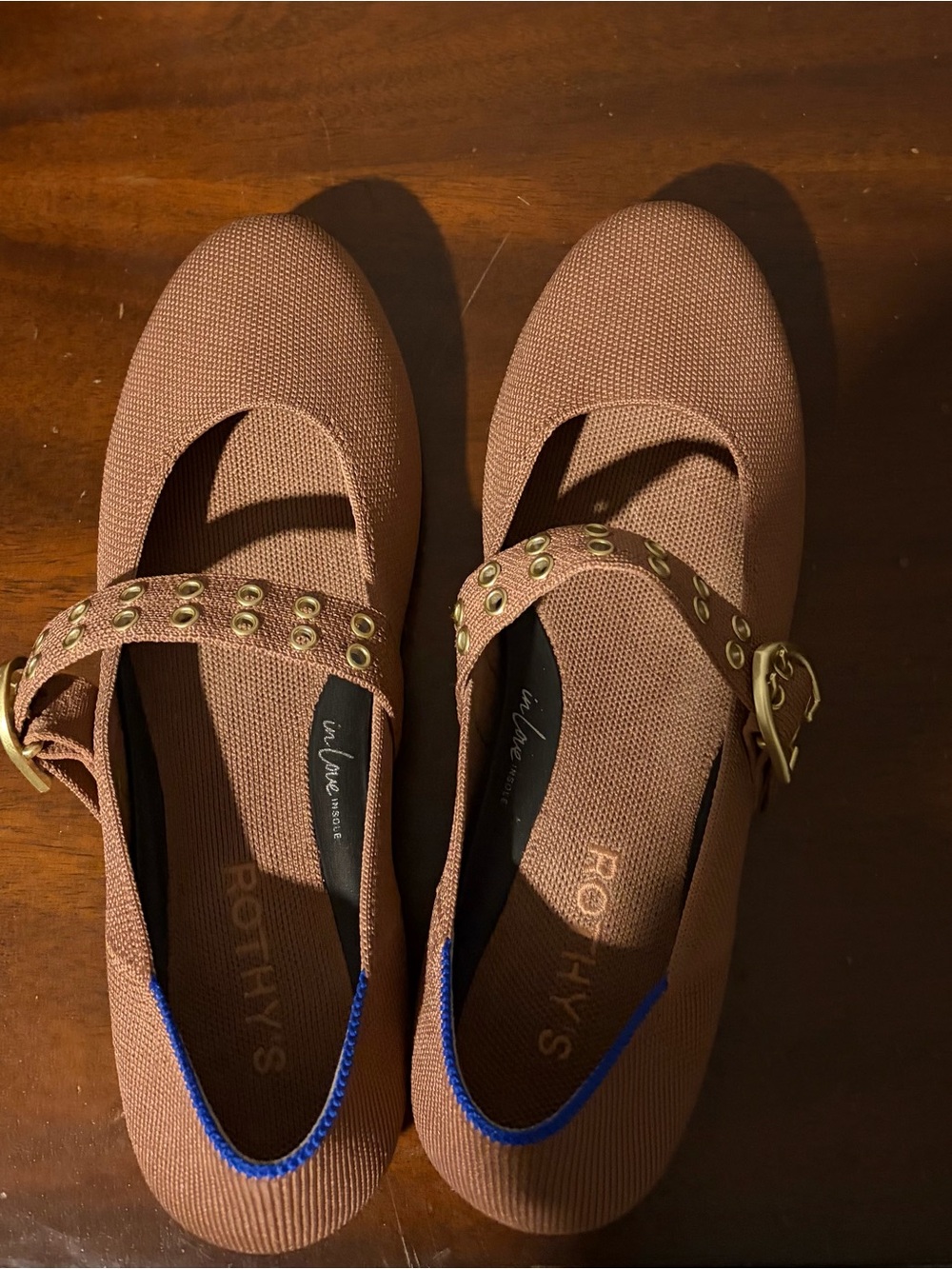 Like new Rothy's Brown Mary Jane Flats with Gold Buckle and Eyelets